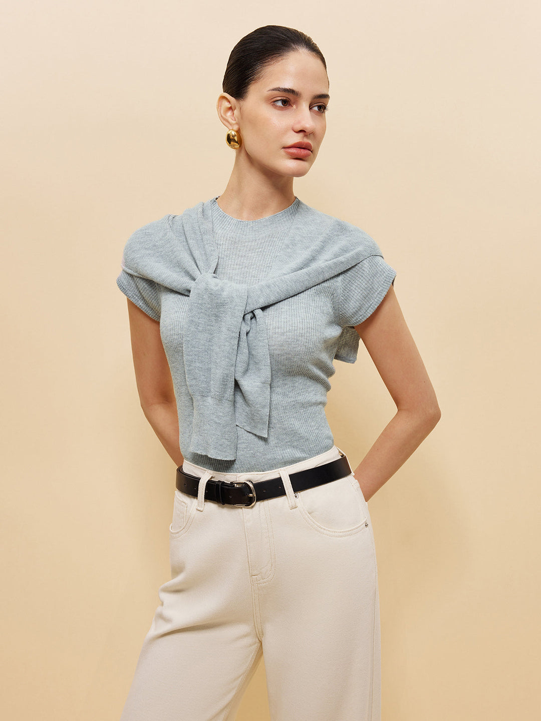 Wool-Blend Ribbed Knit Top With Tied Shawl Detail  Liora Lane Boutique Knit Tops Grey / XL 69.99