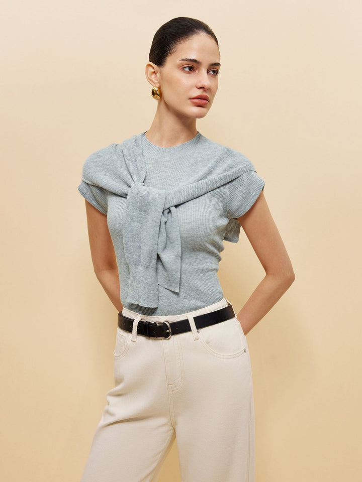 Wool-Blend Ribbed Knit Top With Tied Shawl Detail  Liora Lane Boutique Knit Tops Grey / XL 69.99