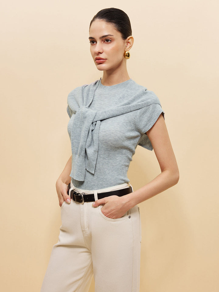 Wool-Blend Ribbed Knit Top With Tied Shawl Detail  Liora Lane Boutique Knit Tops