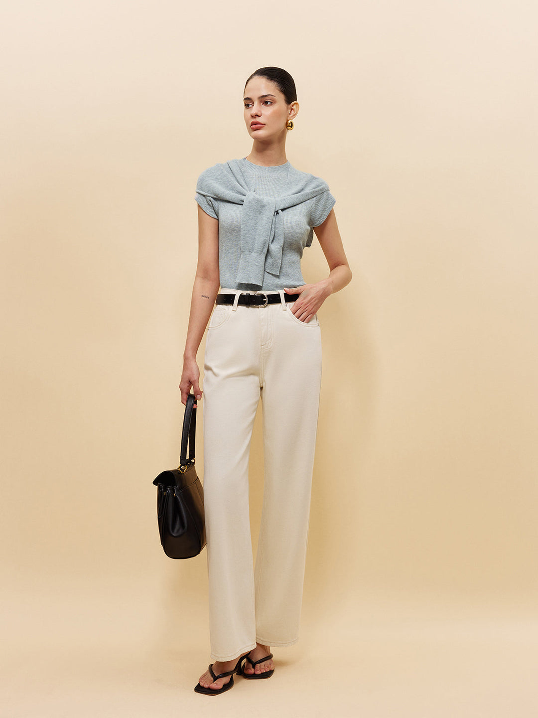 Wool-Blend Ribbed Knit Top With Tied Shawl Detail  Liora Lane Boutique Knit Tops