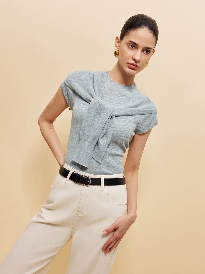 Wool-Blend Ribbed Knit Top With Tied Shawl Detail  Liora Lane Boutique Knit Tops