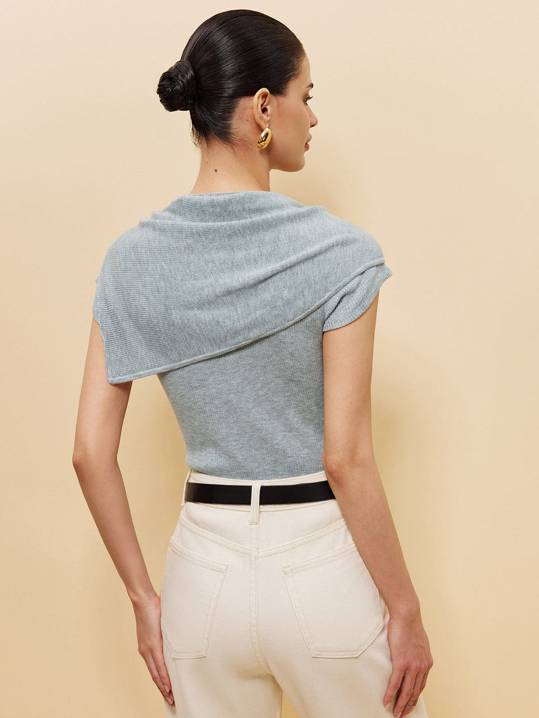 Wool-Blend Ribbed Knit Top With Tied Shawl Detail  Liora Lane Boutique Knit Tops