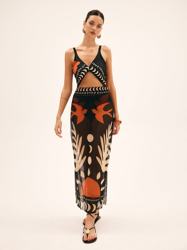 Bird Print Mesh Cover Up Maxi Skirt  Liora Lane Boutique Kimonos & Cover Ups