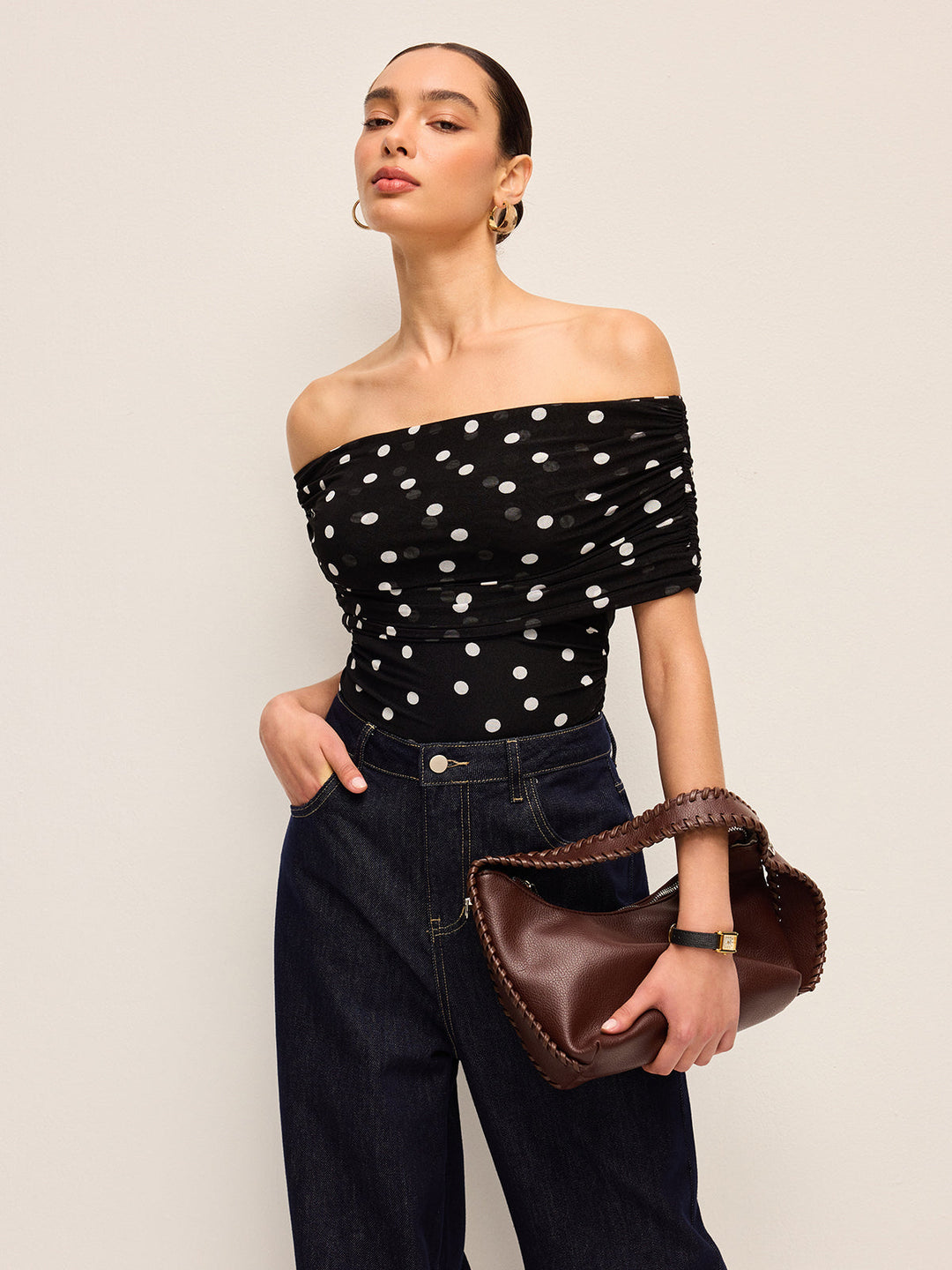 Polka Dot Off-Shoulder Bodysuit  Liora Lane Boutique Bodysuits Black / XL 32.00