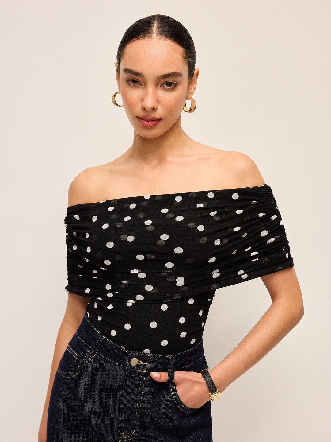 Polka Dot Off-Shoulder Bodysuit  Liora Lane Boutique Bodysuits