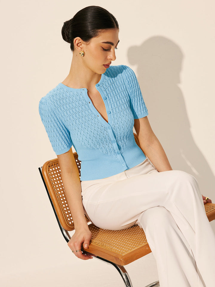 Hollow Knit Buttoned Top  Liora Lane Boutique Knit Tops Blue / XL 42.00