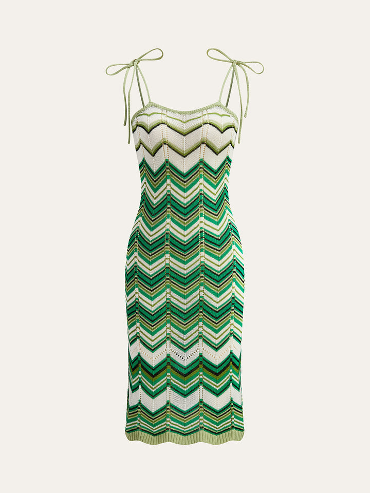 Chevron-Patterned Tie-Strap Knit Midi Dress  Liora Lane Boutique Sweater Dresses Green / XL 106.99
