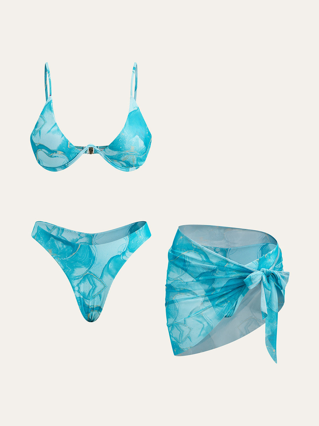 Marble Print Bikini Set With Cover-Up Skirt  Liora Lane Boutique Bikini Sets LightBlue / XL 89.99