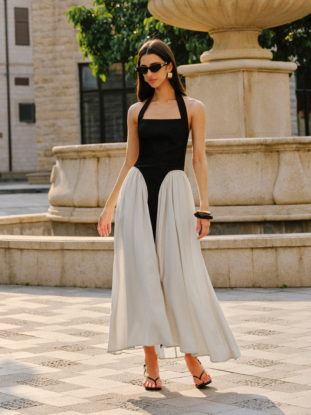 Color Block Halter Neck Linen Blend Dress  Liora Lane Boutique Dresses BlackandWhite / XL 45.00
