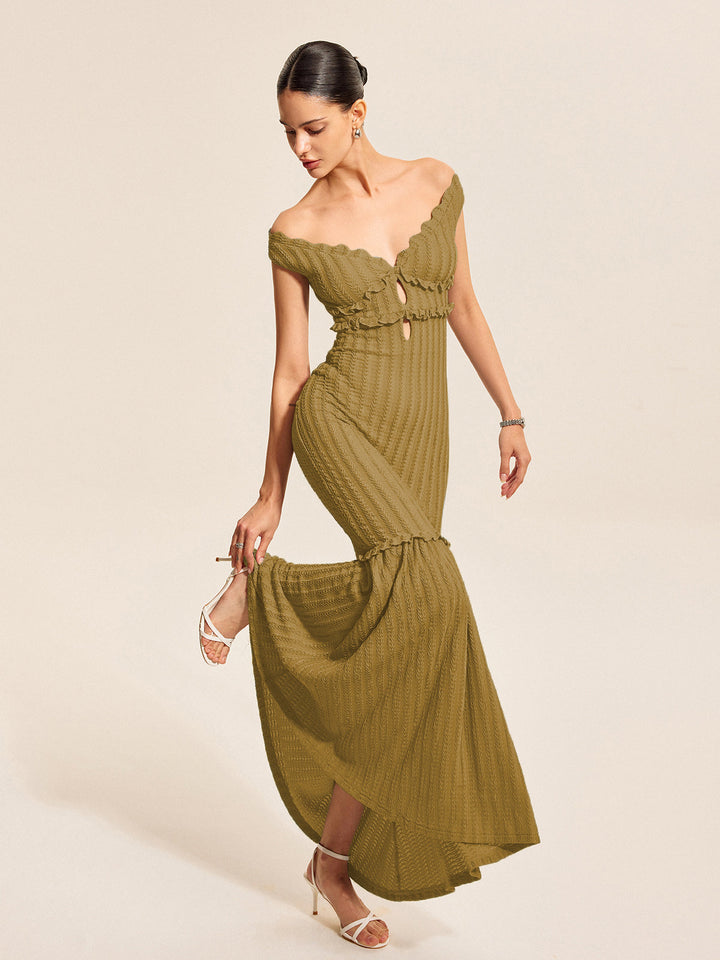 Off-Shoulder Ruffle Detail Dress  Liora Lane Boutique Dresses Brown / XL 49.00
