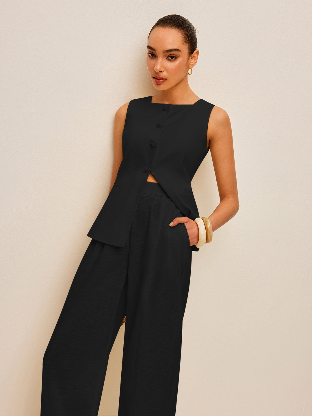 Cotton & Linen Tie-Back Vest With Pockets Pants Set  Liora Lane Boutique Pant Sets Black / XL 177.99