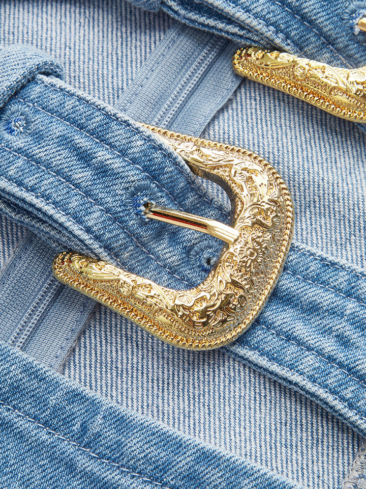 Halter Neck Buckle Detail Denim Dress  Liora Lane Boutique Dresses