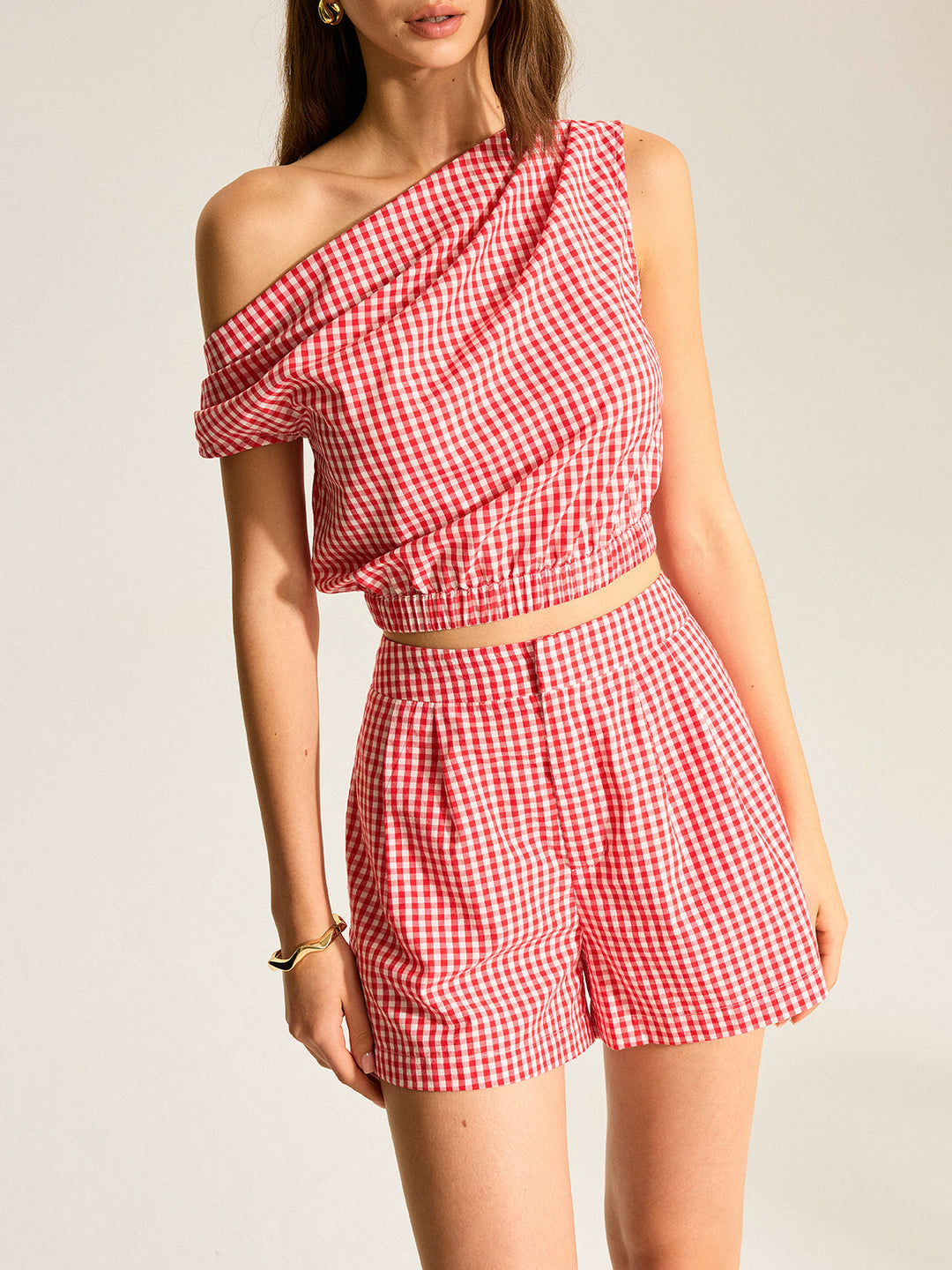 Gingham One-Shoulder Top and Shorts Set  Liora Lane Boutique Short Sets Red / XL 38.00