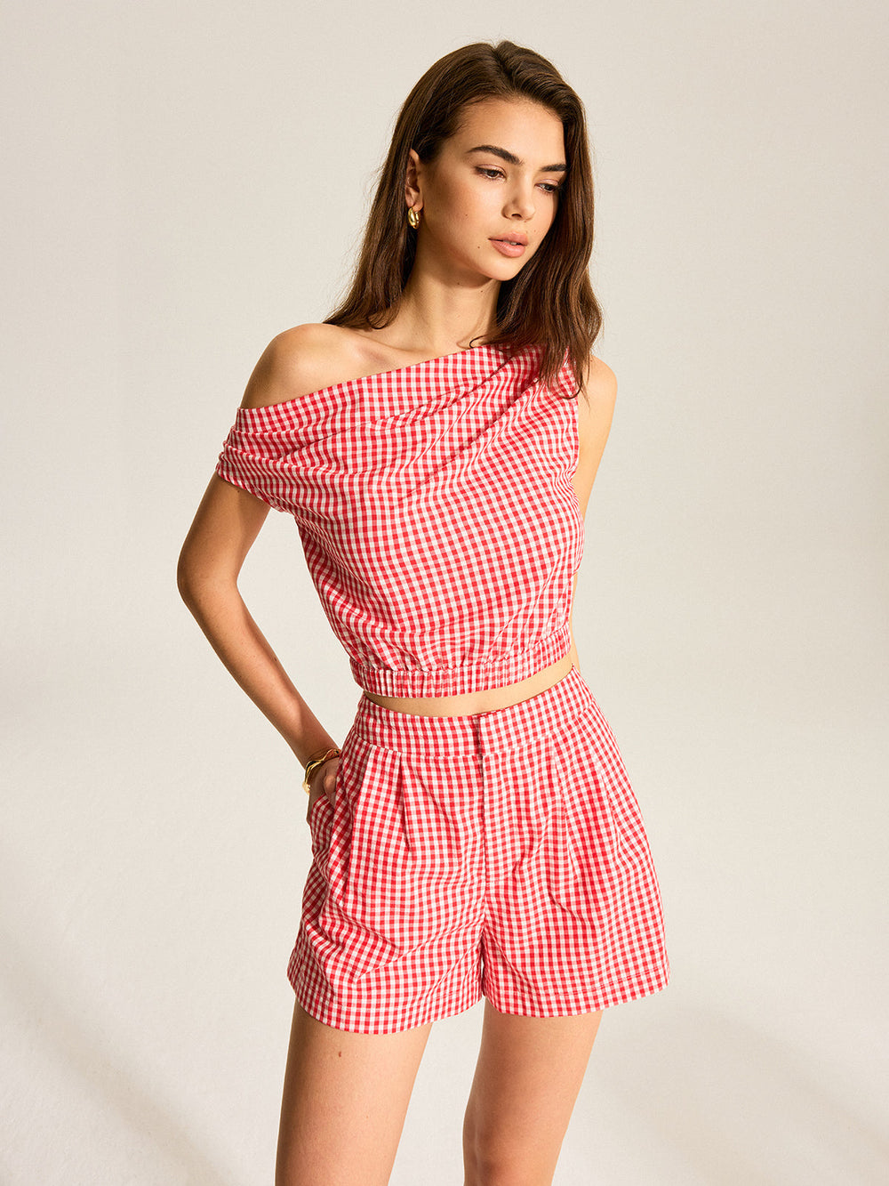 Gingham One-Shoulder Top and Shorts Set  Liora Lane Boutique Short Sets