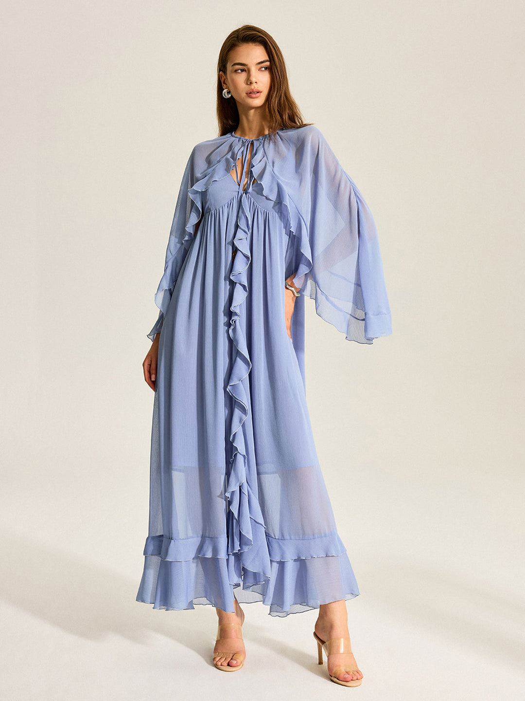 Semi-Sheer Cape Two-Piece Ruffled Chiffon Dress  Liora Lane Boutique Dresses Blue / XL 59.00