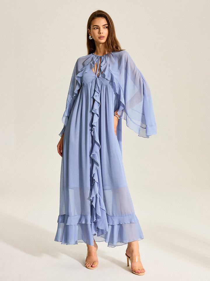 Semi-Sheer Cape Two-Piece Ruffled Chiffon Dress  Liora Lane Boutique Dresses Blue / XL 59.00
