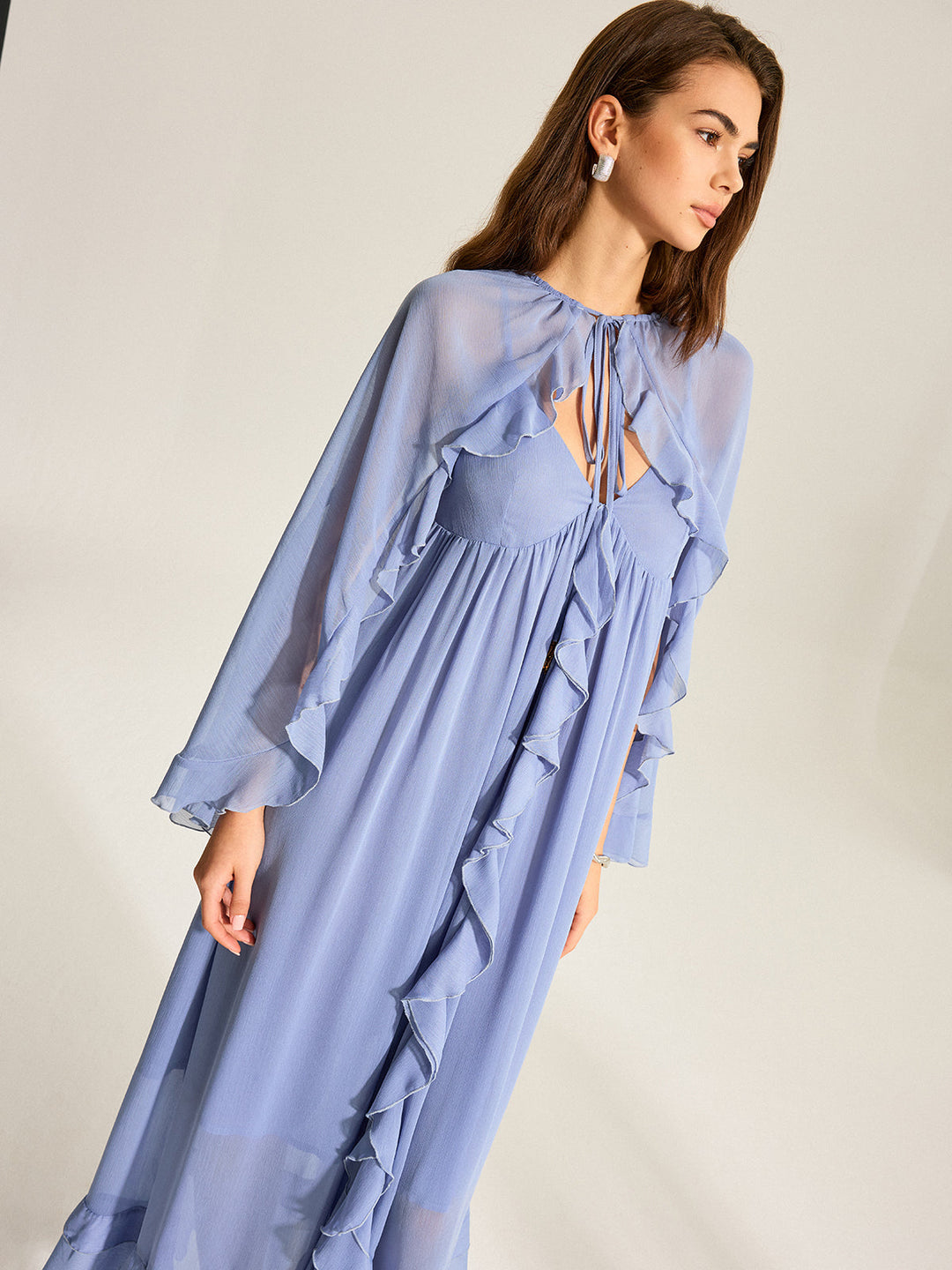 Semi-Sheer Cape Two-Piece Ruffled Chiffon Dress  Liora Lane Boutique Dresses