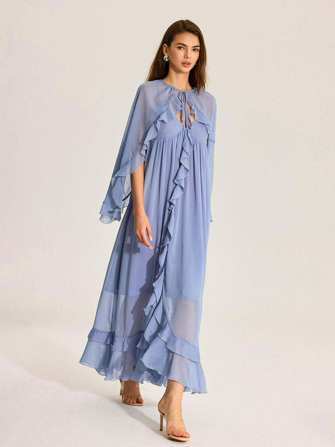 Semi-Sheer Cape Two-Piece Ruffled Chiffon Dress  Liora Lane Boutique Dresses