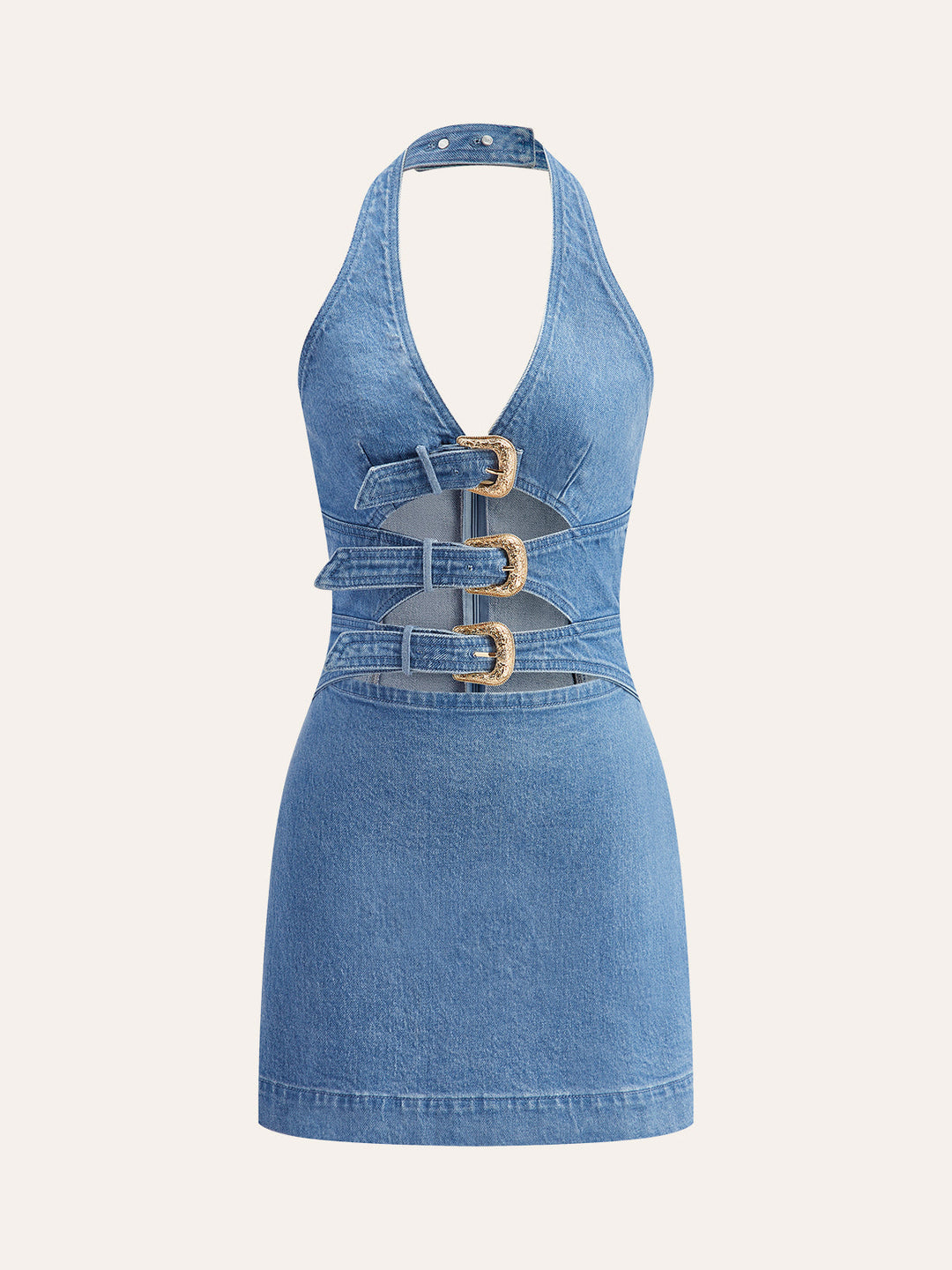 Halter Neck Buckle Detail Denim Dress  Liora Lane Boutique Dresses Blue / XL 84.99