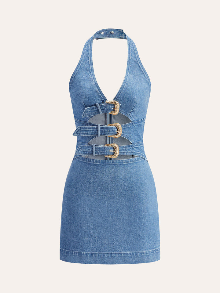 Halter Neck Buckle Detail Denim Dress  Liora Lane Boutique Dresses Blue / XL 84.99