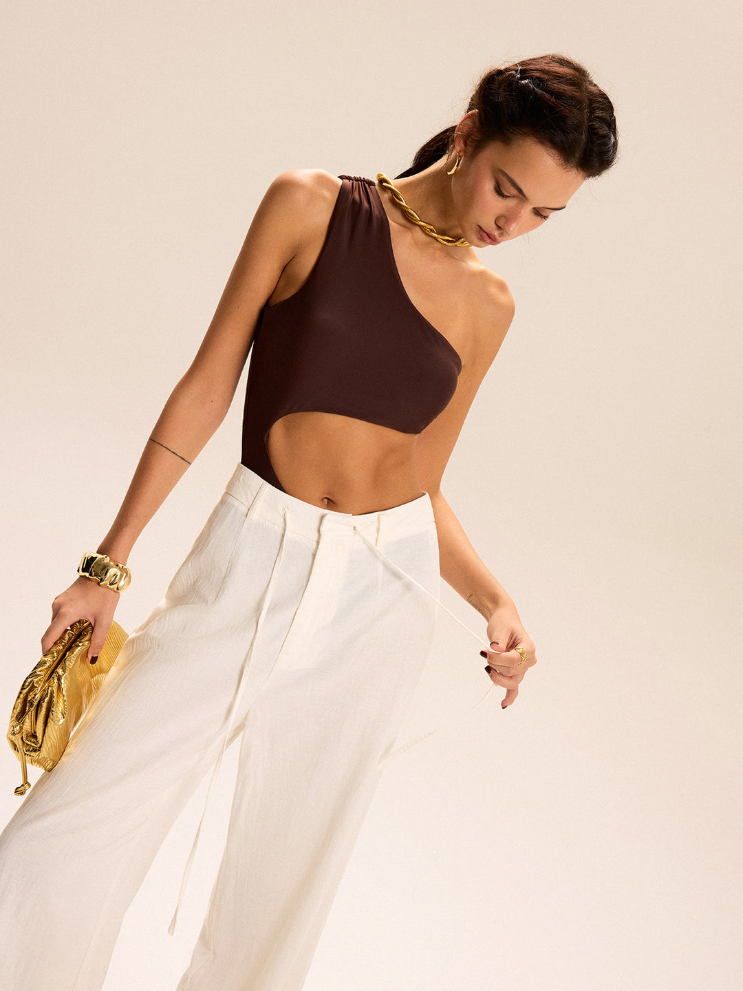 One Shoulder Cutout Metal Buckle One-Piece  Liora Lane Boutique One-Pieces