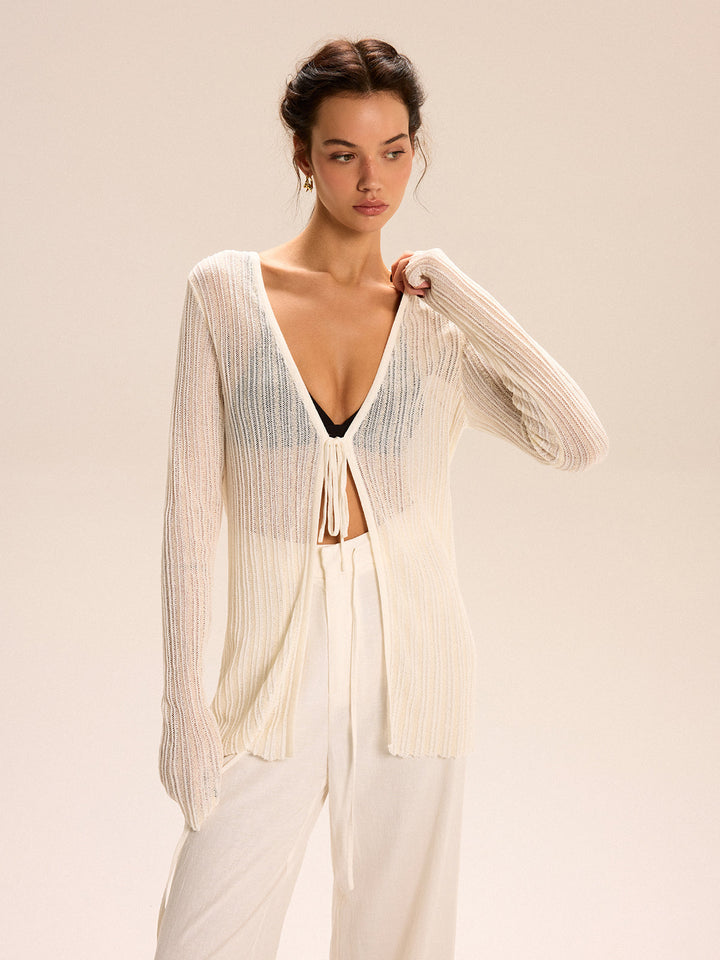 Sheer Ribbed Knit Cardigan With Tie-Front  Liora Lane Boutique Sweaters