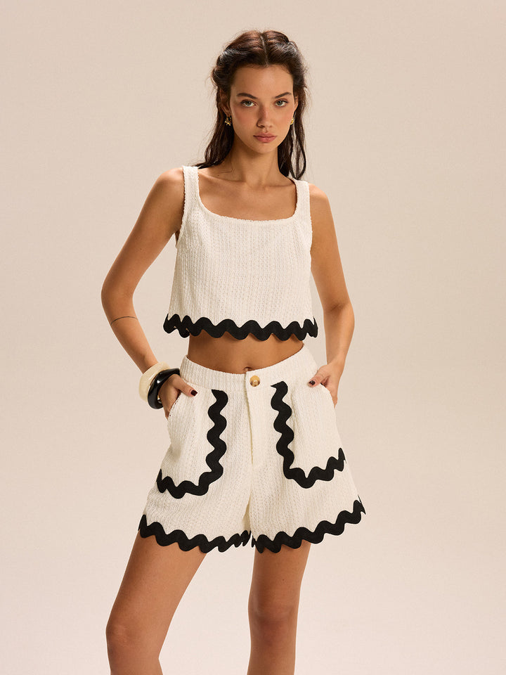 Cropped Tank Top And Scalloped-Trim Shorts Set  Liora Lane Boutique Short Sets BlackandWhite / XL 58.00
