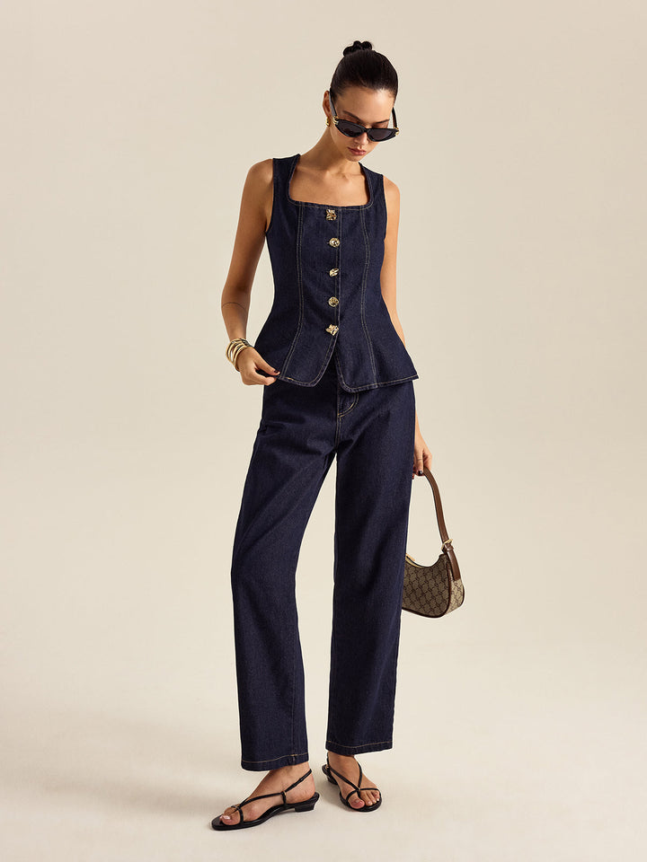 Denim Metal Button Peplum Top and Pants Set  Liora Lane Boutique Pant Sets
