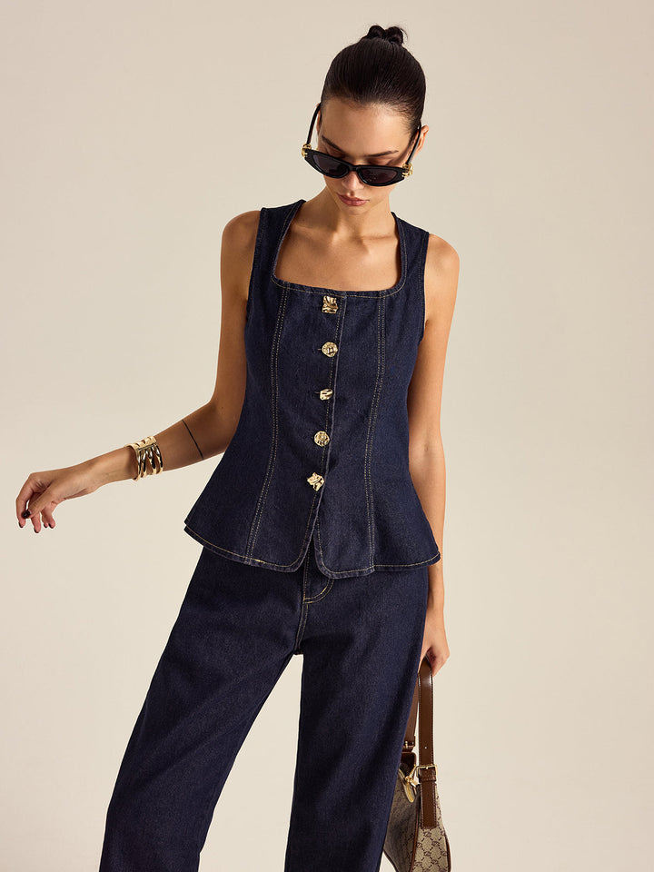 Denim Metal Button Peplum Top and Pants Set  Liora Lane Boutique Pant Sets