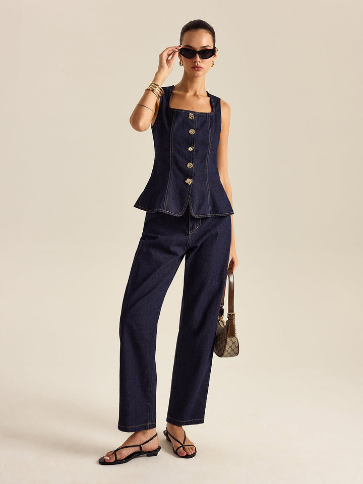 Denim Metal Button Peplum Top and Pants Set  Liora Lane Boutique Pant Sets Navy / XL 201.99