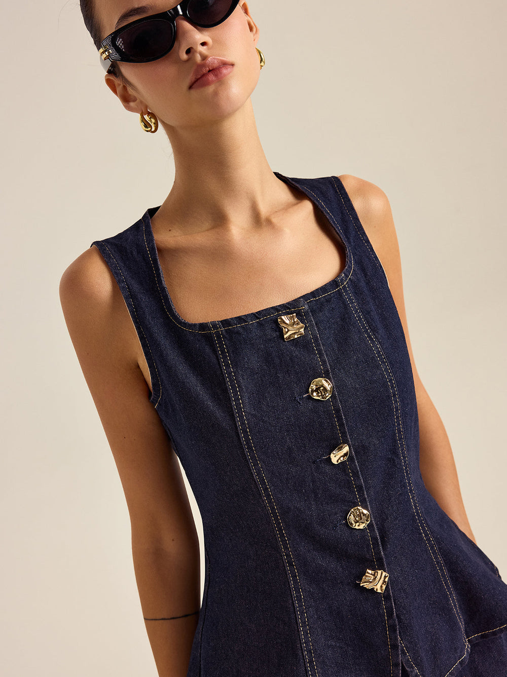 Denim Metal Button Peplum Top and Pants Set  Liora Lane Boutique Pant Sets