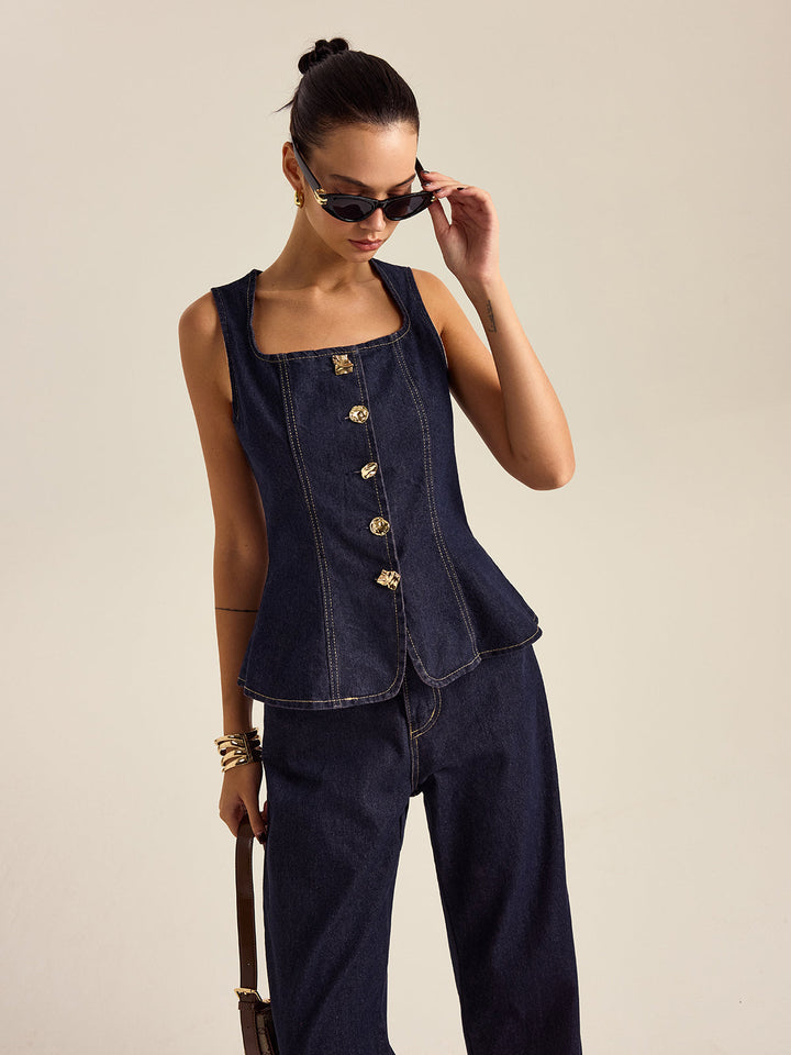 Denim Metal Button Peplum Top and Pants Set  Liora Lane Boutique Pant Sets