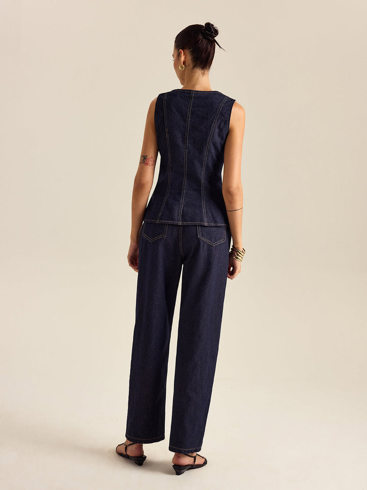 Denim Metal Button Peplum Top and Pants Set  Liora Lane Boutique Pant Sets