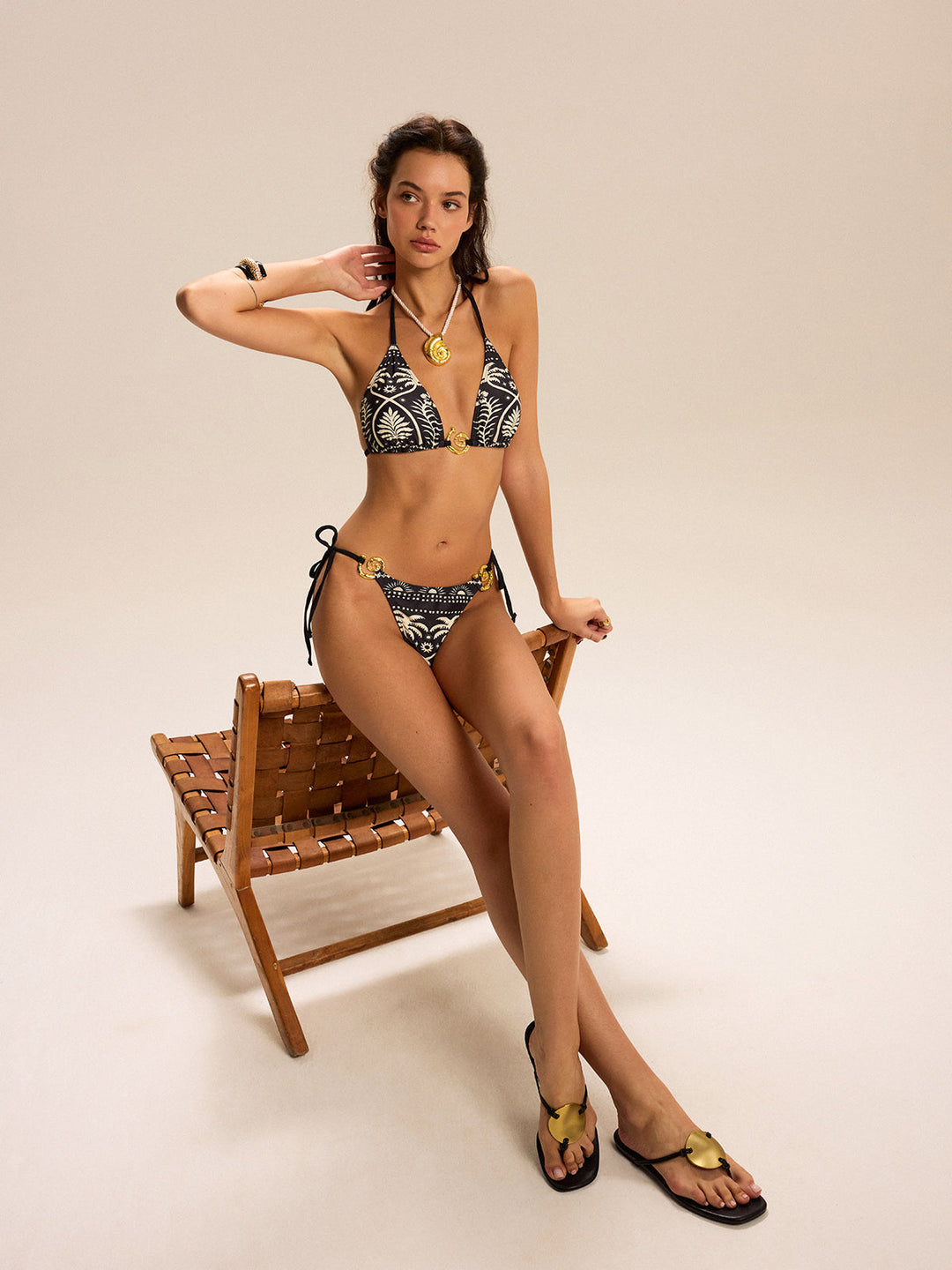 Printed Bikini Set With Golden Detail Rings  Liora Lane Boutique Bikini Sets BlackandWhite / XL 91.99