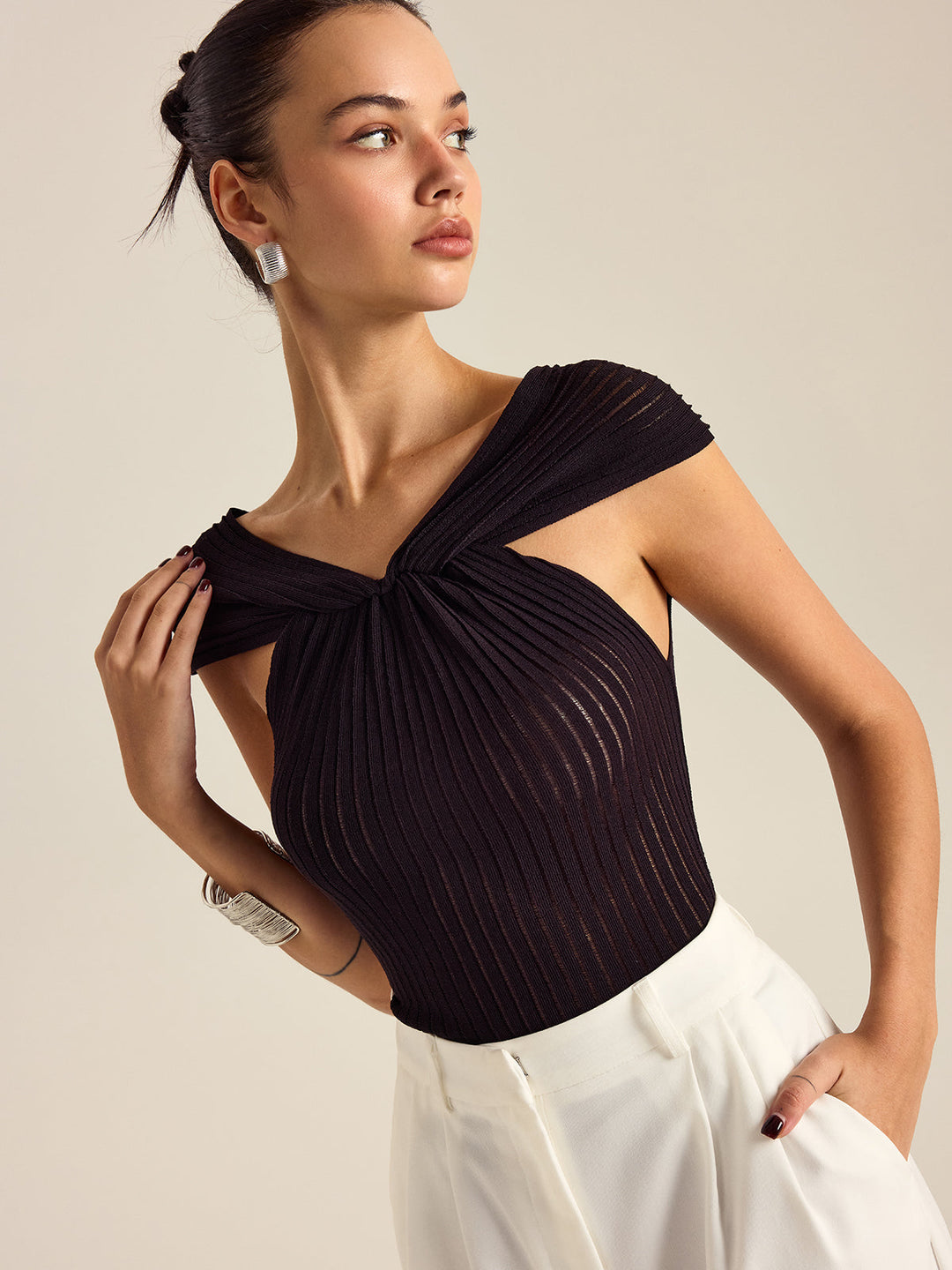 Pleated Knit Twist-Front Top  Liora Lane Boutique Knit Tops