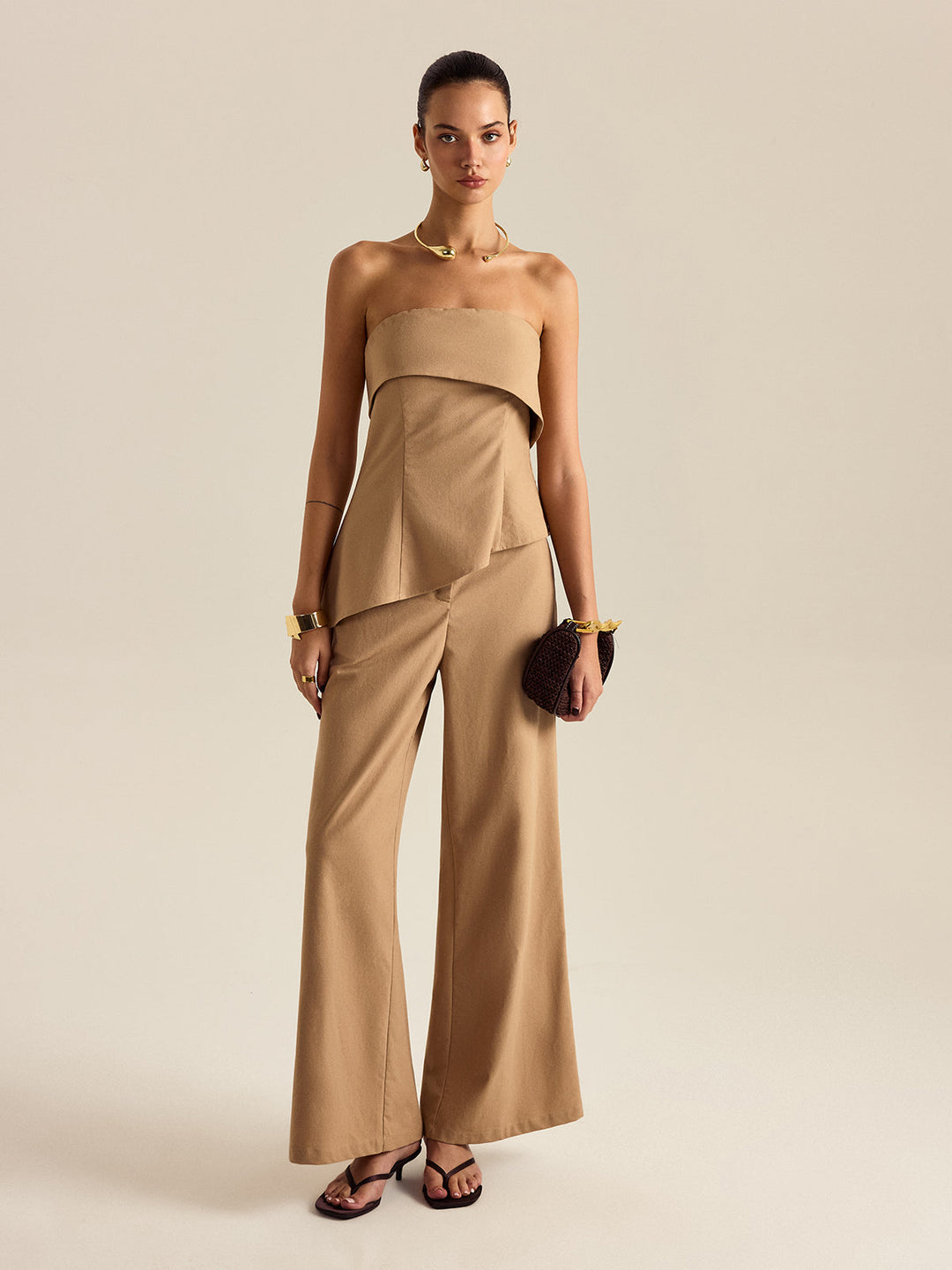 Asymmetrical Strapless Pants Set  Liora Lane Boutique Pant Sets Khaki / XL 147.99