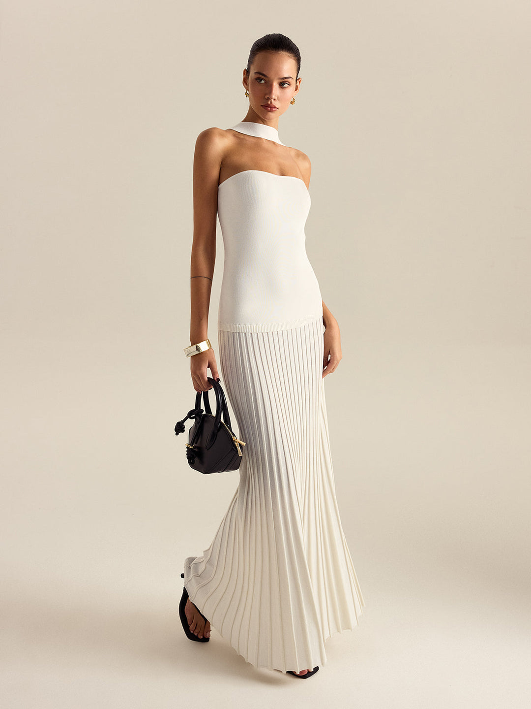 Halterneck Pleated Maxi Dress  Liora Lane Boutique Sweater Dresses White / XL 68.00