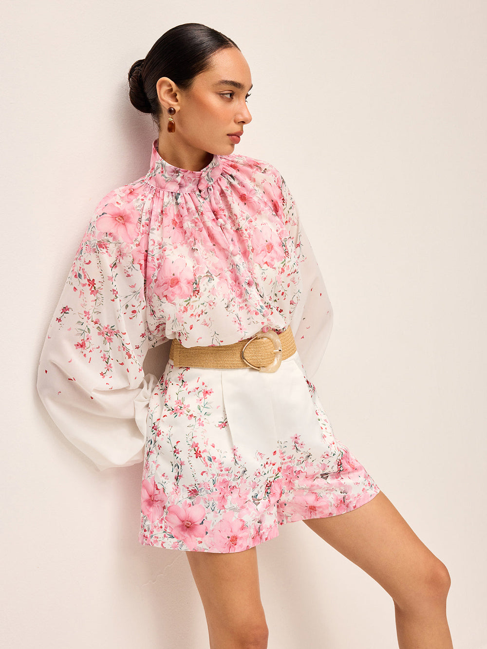 Floral Print Pleated Shorts Set Without Belt  Liora Lane Boutique Short Sets