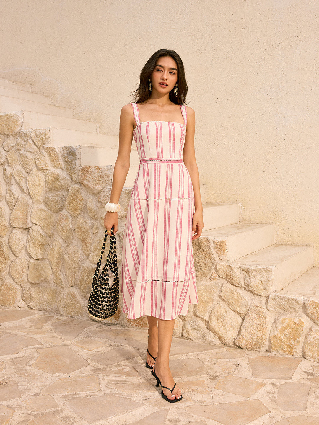 Striped Linen & Cotton Tiered Midi Dress  Liora Lane Boutique Dresses