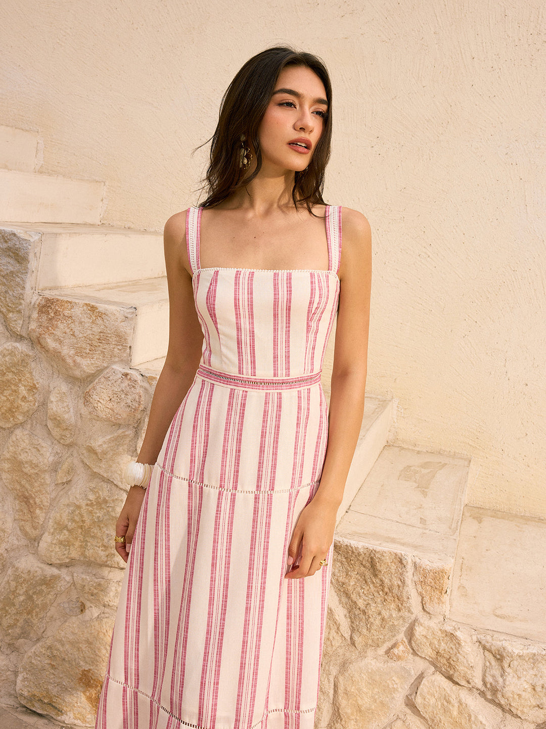 Striped Linen & Cotton Tiered Midi Dress  Liora Lane Boutique Dresses