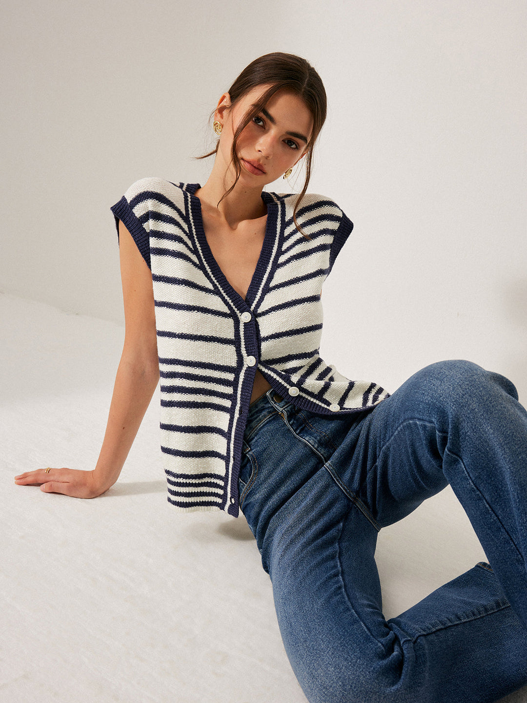 Striped Knit Cardigan  Liora Lane Boutique Cardigans Bluewhite / XL 49.00