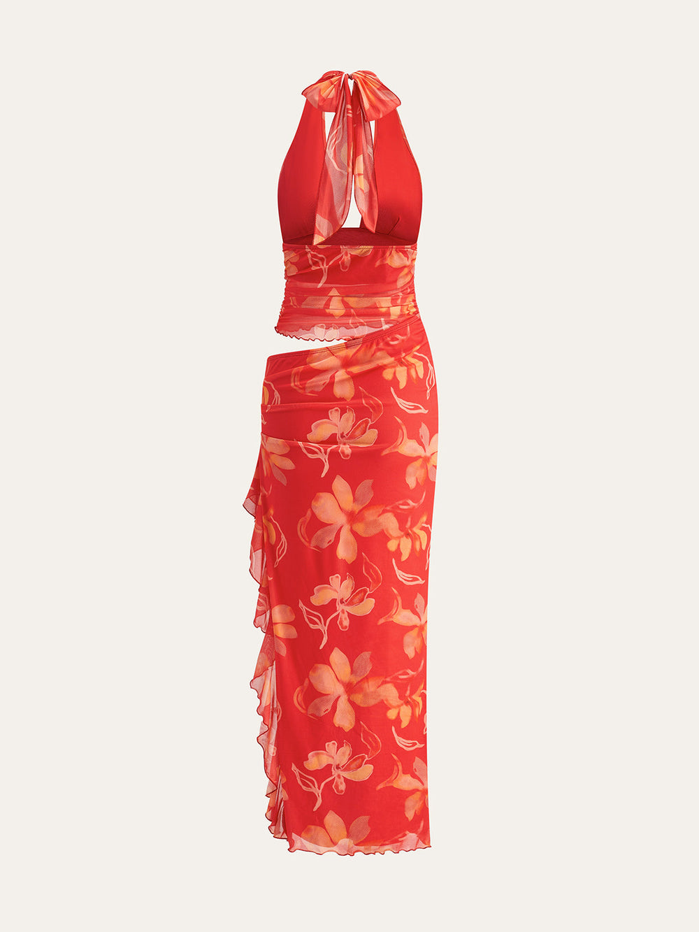 Semi-Sheer Ruffled Floral Halter Dress  Liora Lane Boutique Dresses