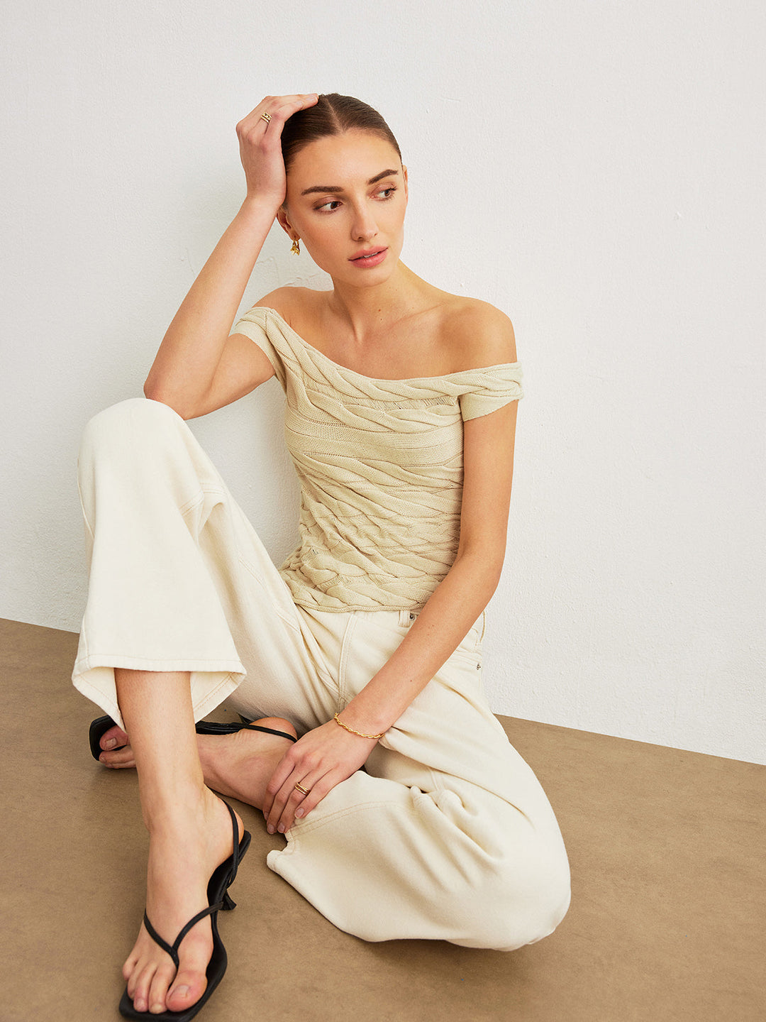 Off-Shoulder Cable Knit Top  Liora Lane Boutique Knit Tops