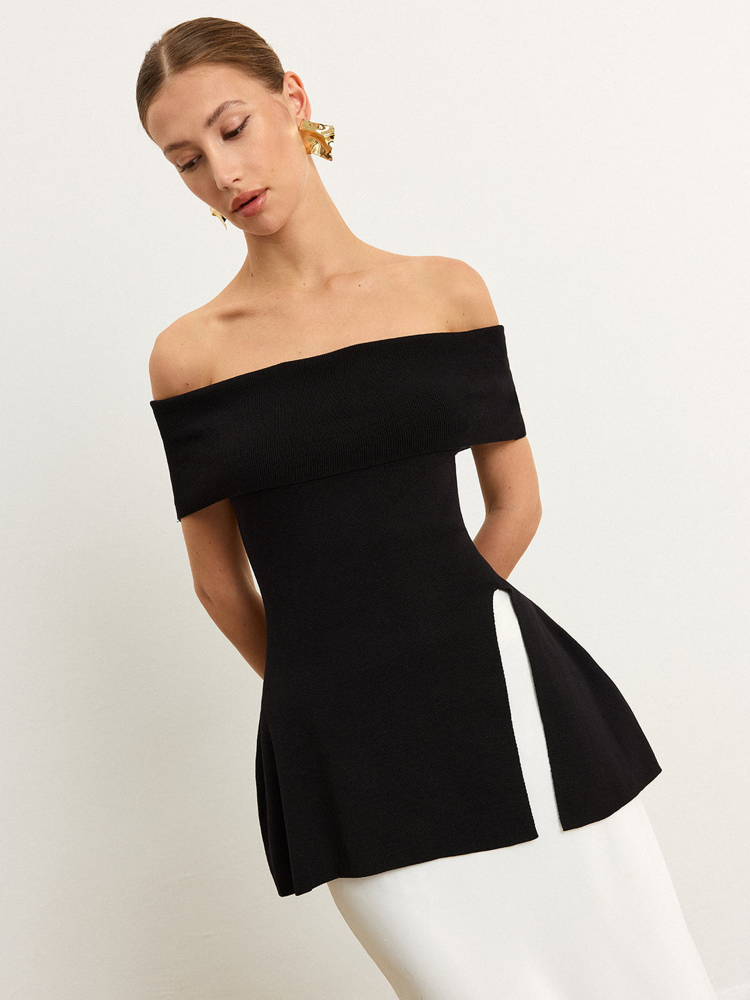 Off-Shoulder Knit Top with Slit  Liora Lane Boutique Knit Tops