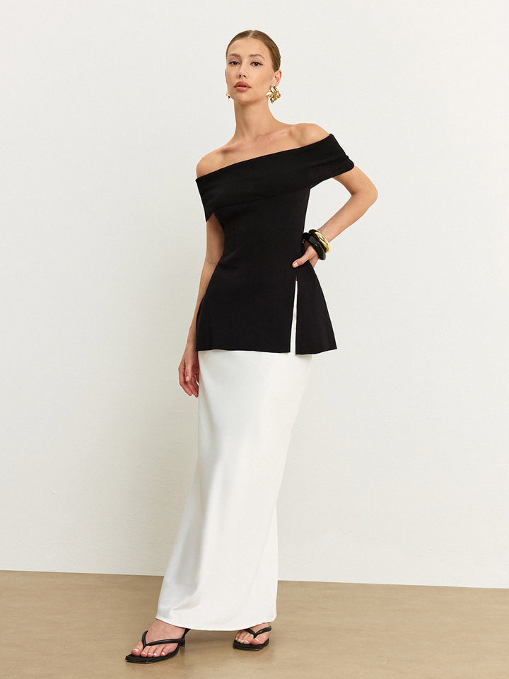 Off-Shoulder Knit Top with Slit  Liora Lane Boutique Knit Tops