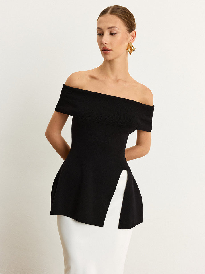 Off-Shoulder Knit Top with Slit  Liora Lane Boutique Knit Tops Black / M 94.99