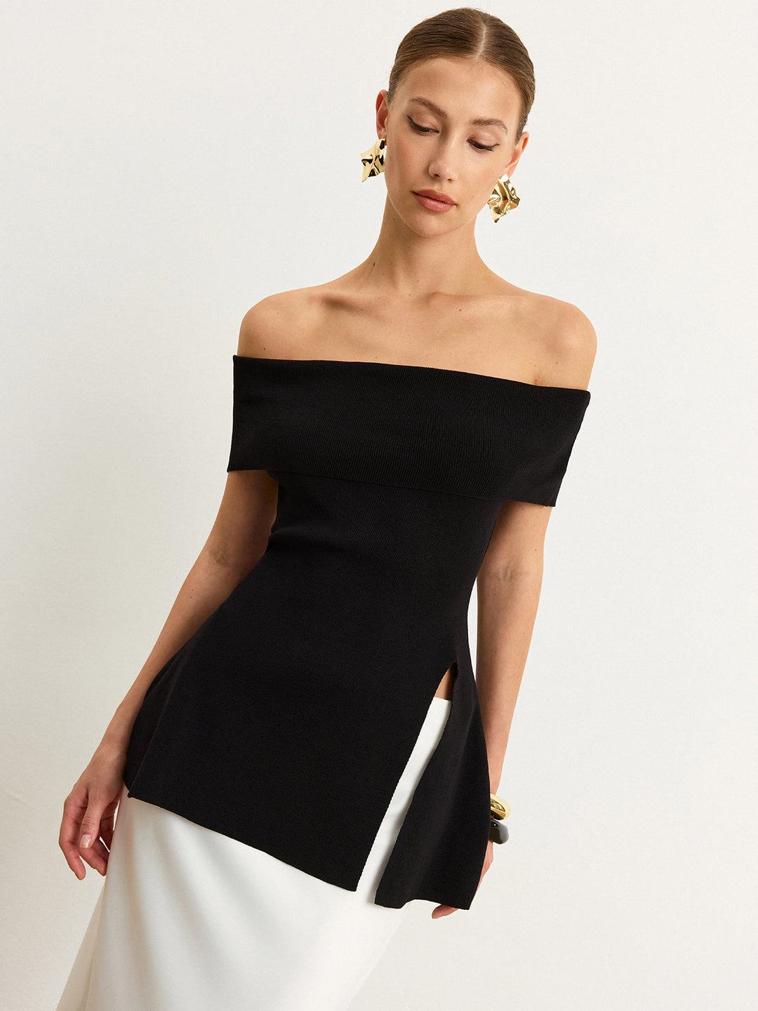 Off-Shoulder Knit Top with Slit  Liora Lane Boutique Knit Tops