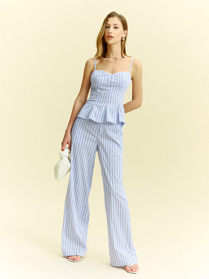 Striped Peplum Top and Wide-Leg Pants Set  Liora Lane Boutique Pant Sets Blue / XL 137.99