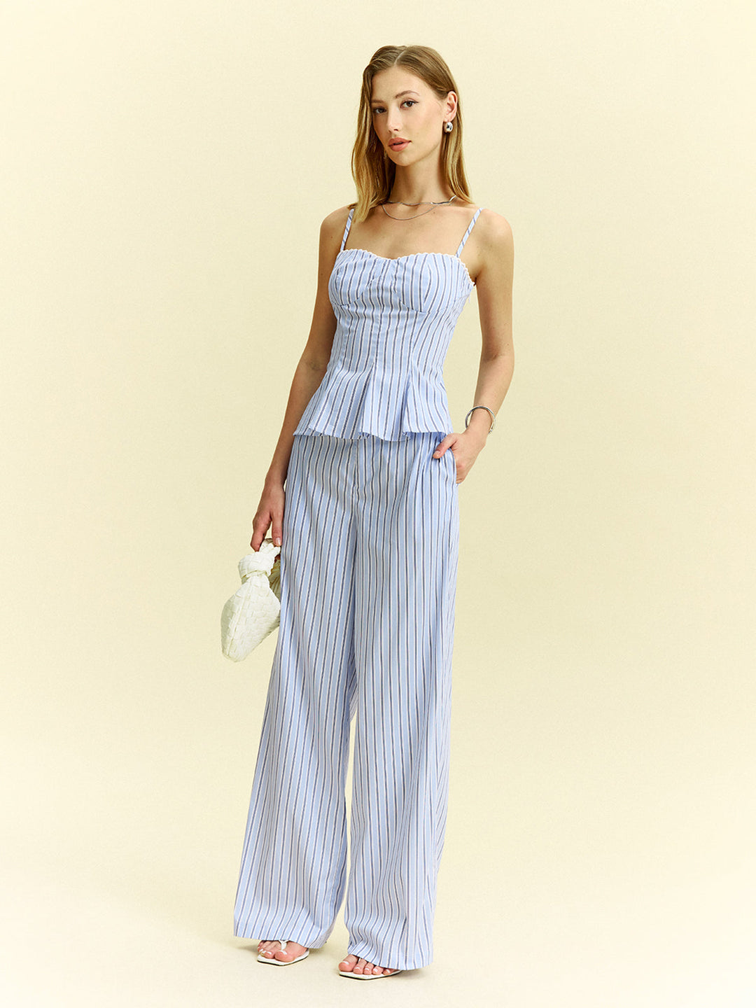 Striped Peplum Top and Wide-Leg Pants Set  Liora Lane Boutique Pant Sets