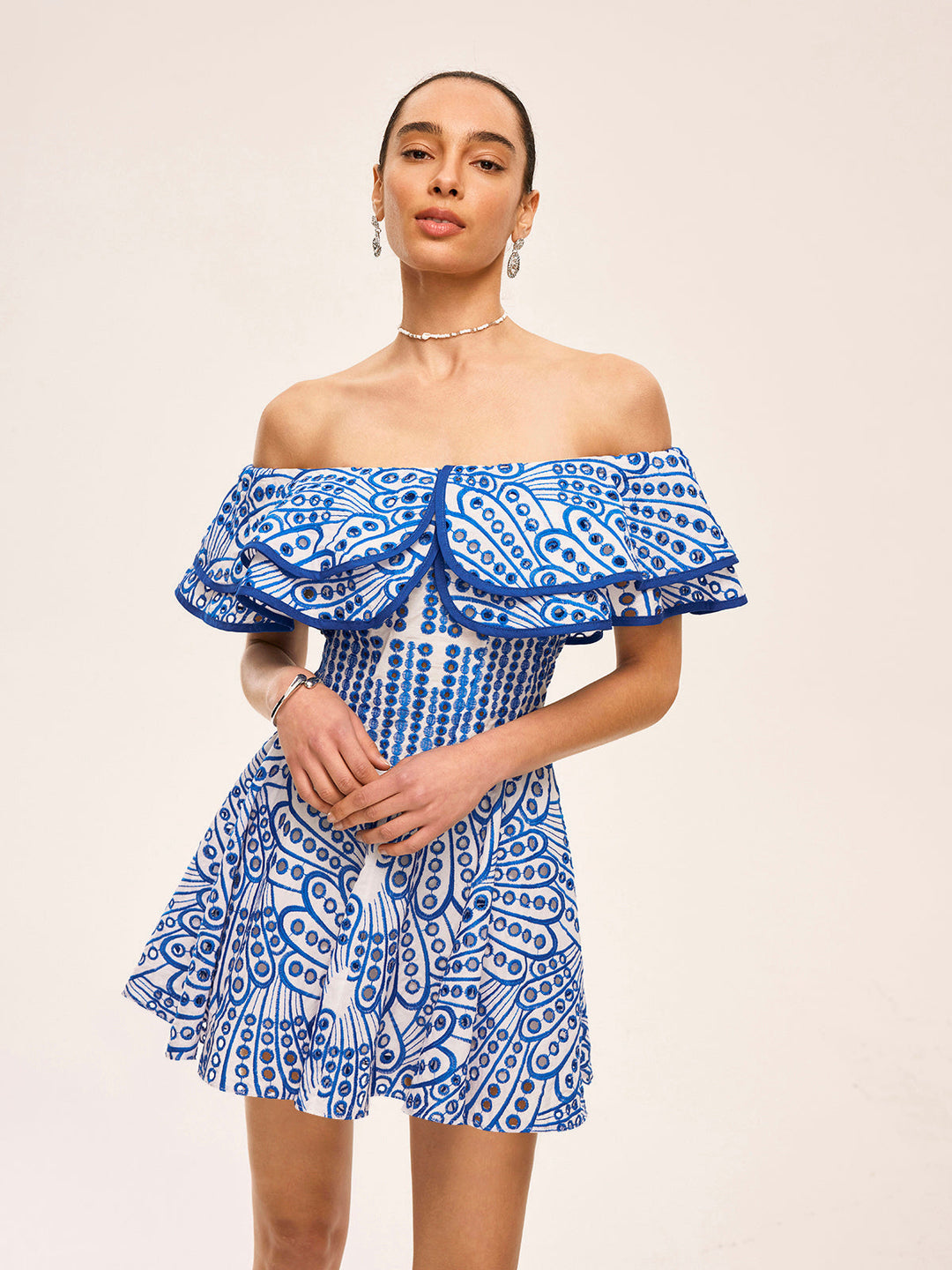 Semi-Sheer Off-Shoulder Ruffled Dress  Liora Lane Boutique Dresses Blue / XL 66.00